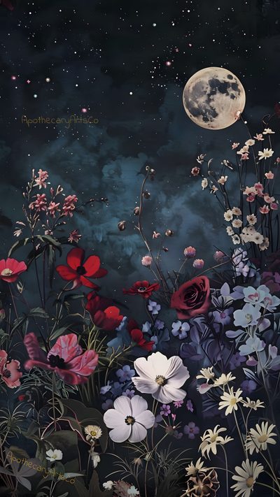 a painting of flowers in front of a full moon Moonlight Flowers Halloween Floral Witchy Vibes, Cottagecore Iphone, Dark Floral Moon, dark slate gray