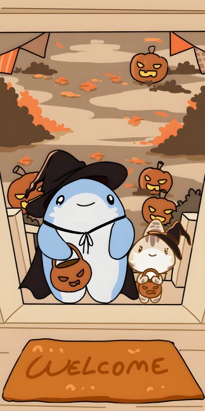 a cartoon character is sitting in front of a welcome mat with pumpkins and jack - o'- lanterns Baby Shark Halloween Halloween Shark, Corgi Halloween, Halloween Pokemon, Cute Ghost And Pumpkin, dark salmon