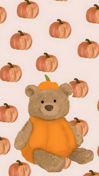 a brown teddy bear sitting in front of many pumpkins on a white wallpaper Jellycat Halloween Pumpkin, Pretty Ipad, Cute Home Screen, Halloween Cute, Autumn Phone, antique white