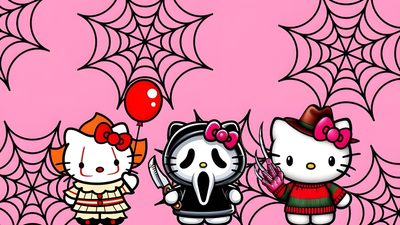 two hello kitty dolls standing next to each other in front of a spider web background Hello Kitty Halloween For Ipad Hello Kitty Halloween For Ipad, Cute Spooky Desktop, Cute Halloween For Ipad, light pink