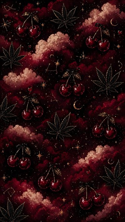 an image of the sky with clouds and cherries on it, as well as stars Halloween Cherry Imsg Background Bsf, Home Screen Ideas, Popular Iphone, Ipad Wall Papers, black