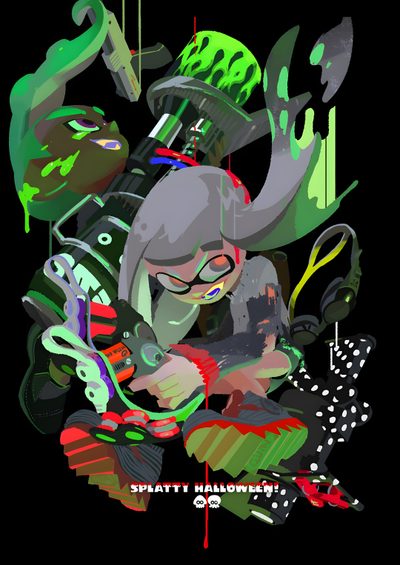 an image of a cartoon character surrounded by various objects and text that reads, splatty halloween Splatoon Halloween Splatoon 2 Official Art, Splatoon Official Art, Splatoween Official Art, black