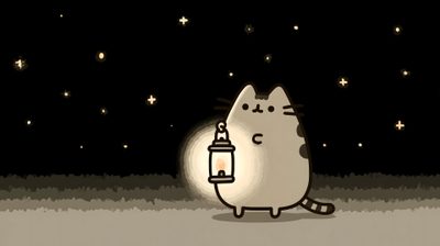 a cat with a lantern in its hand is looking up at the stars on the sky Desktop Pusheen Halloween Ipad Night, Macbook Ideas, Pusheen Banner Gif, Cute Pc, Pusheen Ipad, black