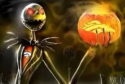 an image of a cartoon character holding a glowing pumpkin in his hand and looking at the viewer Denver Broncos Halloween Broncos Christmas, Bronco Skeleton, Broncos Grinch, dark olive green