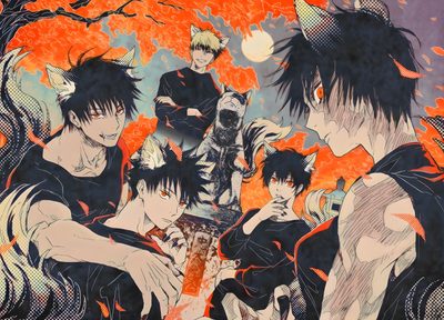 some anime characters are sitting together in front of an orange and black background with trees Jujustu Kaisen Halloween 1920x1080 Jjk Desktop, Jujutsu Kaisen Ipad, Sukuna Megumi Manga Cover, sienna