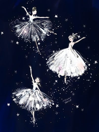 three ballerinas in white tutus and stars on a black background with blue sky Halloween Ballerina Ballerina Illustration, Ballet Illustration, Christmas Flatlay, Ballerina Art, black