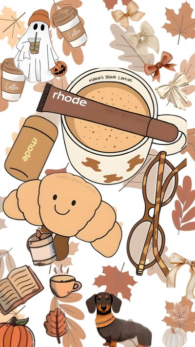 an image of fall themed items on a white background with leaves and pumpkins around it Clean Girl Halloween Preppy Fall Backgrounds, Cute Preppy Halloween, Bow Iphone, Preppy Stickers, burlywood