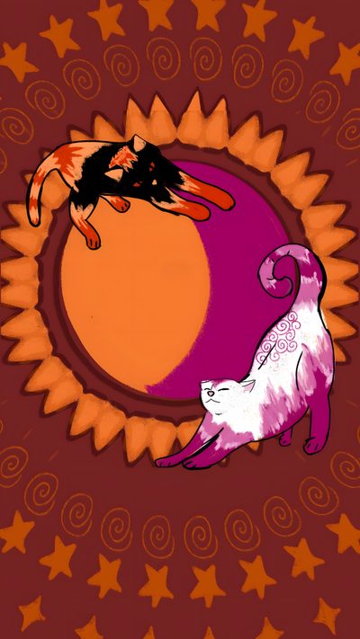 two cats sitting on top of each other in front of a sun with stars and swirls Lesbian Halloween Wlw Iphone, Lesbian Cats, Lesbian Home Screen, Cute Lgbtq, saddle brown