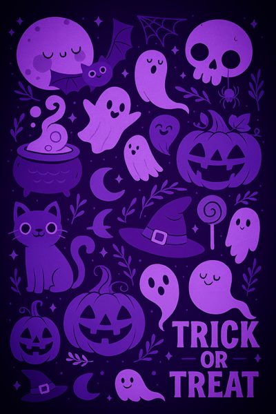 a purple poster with lots of halloween items on it Halloween Jumble -faded Purple Purple Halloween, Spooky Purple, Purple Pumpkin, Halloween Inspo, midnight blue