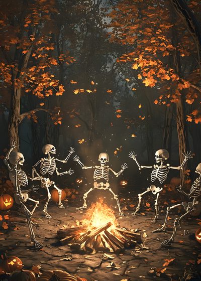 Spooky Skeletons Dancing Around A Campfire In Forest For Halloween Celebration Background Spooky Skeleton Background, Date Night, Halloween Forest Wallpaper, Celebration Background, Halloween Skeletons Wallpaper, Date Night Outfit, Hd Wallpaper, Dark Gothic, Halloween Celebration Halloween Skeleton Party Spooky Skeleton Background, Date Night, Halloween Forest, dark slate gray