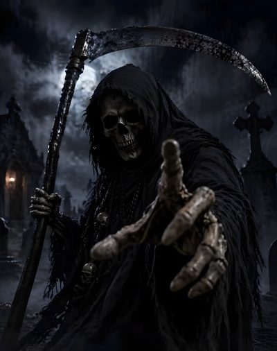 a creepy skeleton holding a large knife in his hand Grim Reaper Halloween Horror Vintage, Grim Reaper Tattoo, Reaper Tattoo, Frida Art, Grim Reaper Art, black