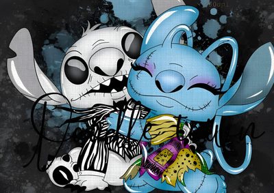 two cartoon characters sitting next to each other on a black and white background with splots Stitch Halloween Laptop Oogie Boogie Stitch And Jack Skellington, Stitch And Angel Human, Cute Halloween Stitch Pictures, dark slate gray