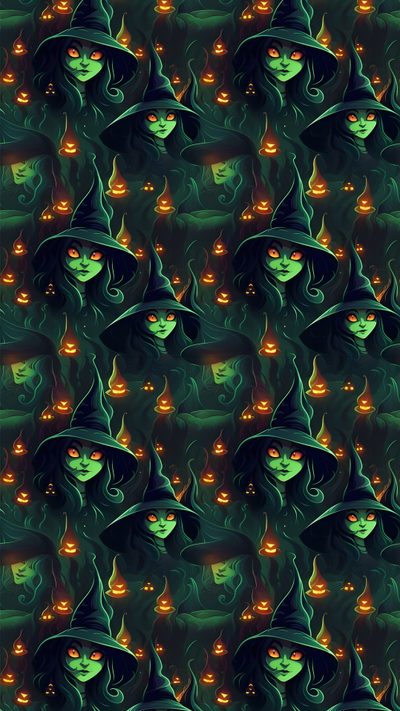 a group of witches with glowing eyes and hats Halloween Celtic Tiles Custom Wicked Pattern Background, Halloween Backgrounds, Cool Halloween Backgrounds, black