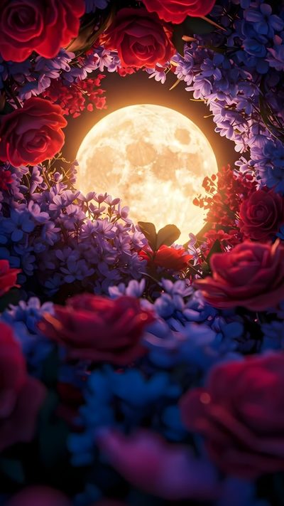 the full moon is surrounded by red and purple flowers Moonlight Flowers Halloween Floral Full Moon With Floral Background, Pink Flowers With Moon Background, Flower With Moon, dark slate gray