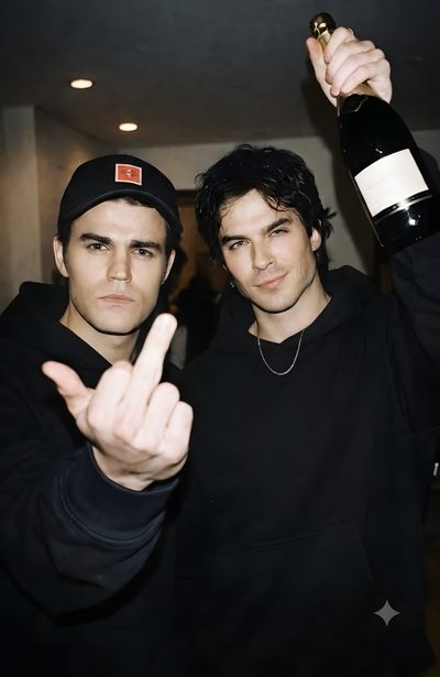 two young men holding up wine bottles and making the peace sign with their hands in front of them Halloween Duo Tvd Reaction Pics, Aesthetic Tvd, Damon And Stefan Salvatore, Tvd Poster, Tvd Icons, black