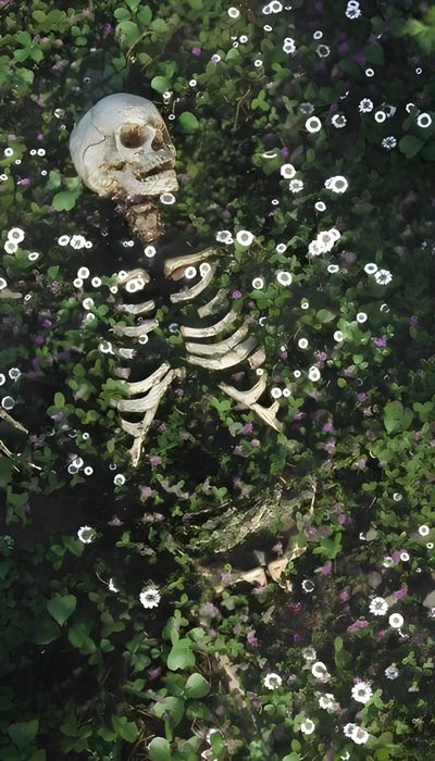 there is a skeleton in the grass with flowers Halloween Plant Ecosystemic Horror, Forest Imagery, Fantasy Aesthetic Pictures, dark slate gray
