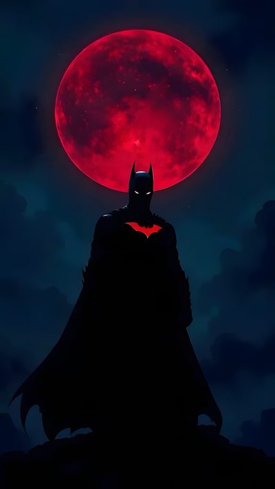 the dark knight stands in front of a full moon with his caped head down Batman Halloween Iphone Dark Knight Movie Night Ideas, Batman Night Sky Art, Batman Silhouette With Red Moon, black