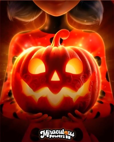 a girl holding a jack - o'- lantern pumpkin in her hands, with the words happy halloween written on it Miraculous Ladybug Halloween Miraculous Pumpkin Carving, Miraculous Ladybug Pumpkin Carving, Miraculous Ladybug Pumpkin, dark red