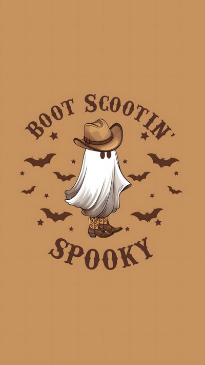 a brown shirt that says boot scootin spooky with bats around it Western Halloween Country Halloween Backgrounds, Halloween Country, Country Halloween, peru