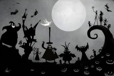the silhouettes of people in halloween costumes are shown against a full moon and bats Nightmare Before Christmas Halloween Town Nightmare Before Christmas, Tim Burton Style, Tim Burton Movie, dim gray