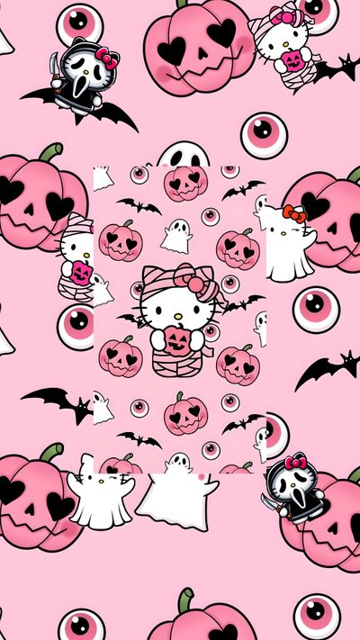 a pink background with lots of cartoon characters and pumpkins in the center, on top of each other Hello Kitty 4k Halloween Fantasy Art, Halloween Iphone Hello Kitty, Halloween, pink