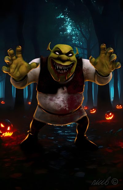 a cartoon character is standing in the woods with his arms out and eyes wide open Halloween Shrek Shrek Horror, Scary Shrek, Shrek Evil Characters, Shrek With Black Background,
