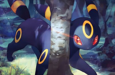 an animal with yellow and blue eyes standing next to a tree Umbreon Halloween 1920x1080 Umbreon Full Art, Umbrion Pokemon, Umbreon Anime Close Up, dark slate gray
