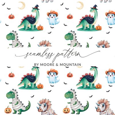 seamless pattern with cute dinosaurs and pumpkins on white background for children's wallpaper Halloween Dinosaur For Nursery Fall Dinosaur, Halloween Dinosaur, Cute Fall Dinosaur, white