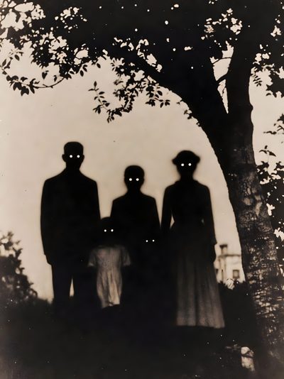 three people standing next to each other in front of a tree with their shadows on them Old Scary Horror Halloween Oddly Familiar, Creepy Scary Silhouettes, Forgotten Aesthetic, black