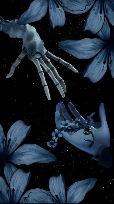 two hands reaching for each other in front of blue flowers with stars and space behind them Halloween Iphone Corpse Bride Spooky Background, Flowers Black Background, Tim Burton Corpse Bride,