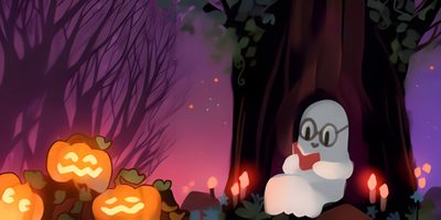 an animated halloween scene with ghost and pumpkins in the woods, surrounded by trees Kawaii Halloween Gif Deltarune Pumpkin Dance Gif, Happy Halloween Pokemon Gif, Deltarune Pumpkin Gif, indigo