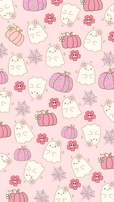 a pink background with white cats and pumpkins Aesthetic Pastel Pink Halloween Cute Halloween Aesthetic, Cute Girly Halloween, Cute Halloween Iphone, misty rose