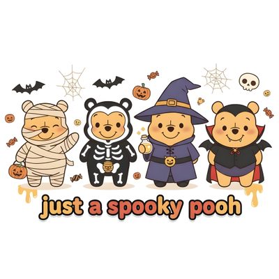 three bears dressed up in halloween costumes with the words just a spooky pooh Winnie The Pooh Halloween Halloween Winnie The Pooh Drawing, Winnie The Pooh Halloween, Cute Happy Halloween Winnie The Pooh, white