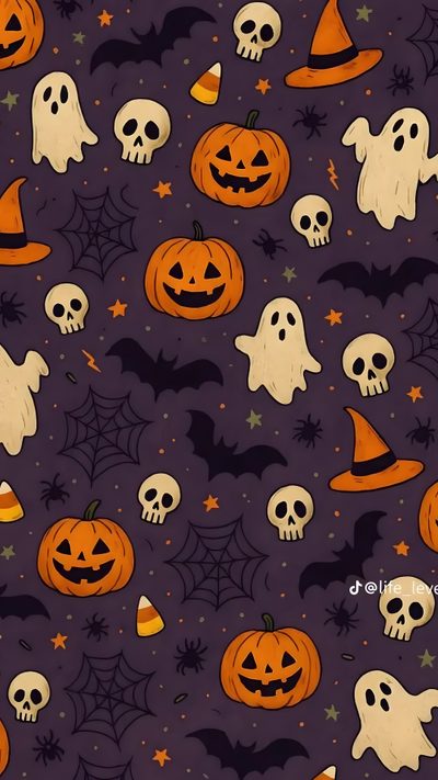 a halloween themed wallpaper with pumpkins and ghost heads on purple background, all in different shapes and sizes Halloween School Appropriate Halloween Simple, Halloween Phone Backgrounds, Halloween Patterns, dark slate gray