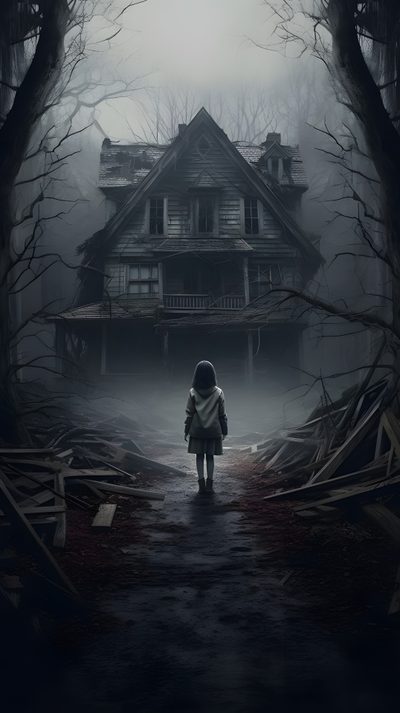 a person standing in front of a creepy house Horror Background With Scary Monster Halloween Spooky Haunted House Pictures, Arte Ganesha, Eerie Photography, dark slate gray