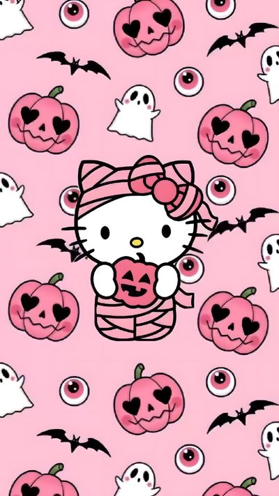 hello kitty halloween wallpaper with lots of pumpkins and ghost faces on pink background Spooky Halloween Hello Kitty Pink Hello Kitty Halloween Background, Pink Pink Hello Kitty Halloween Background, Iphone Cute Hello Kitty Halloween,