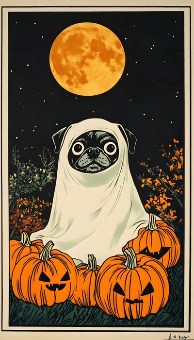 a pug dog in a ghost costume surrounded by pumpkins with a full moon behind it Halloween Pug Iphone Cute Home Screens, Halloween, dark olive green