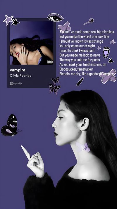 a woman holding a butterfly in her right hand and looking at the other side of her face Halloween Olivia Rodrigo Coming Out, dark slate blue