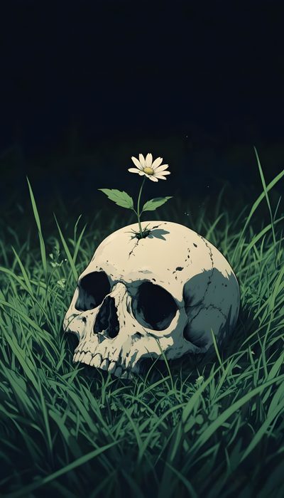 a skull sitting in the grass with a flower growing out of it's head Halloween Skull 4k Deep Meaning Designs, Skull In Grass Drawing, Walpaper Skull, Skull Flower Design, black