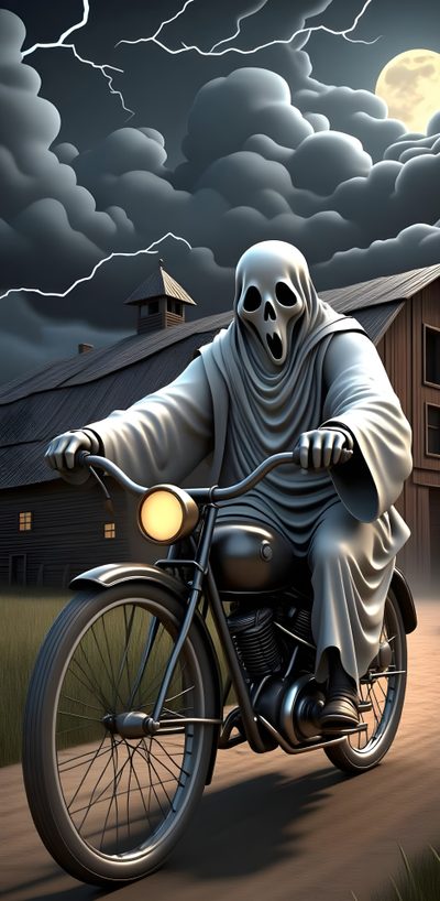 a skeleton riding on the back of a motorcycle in front of a barn under a cloudy sky Halloween Motorcycle Biker Halloween, Love Animation, Halloween Drawings, Skull, Black Iphone, dark slate gray