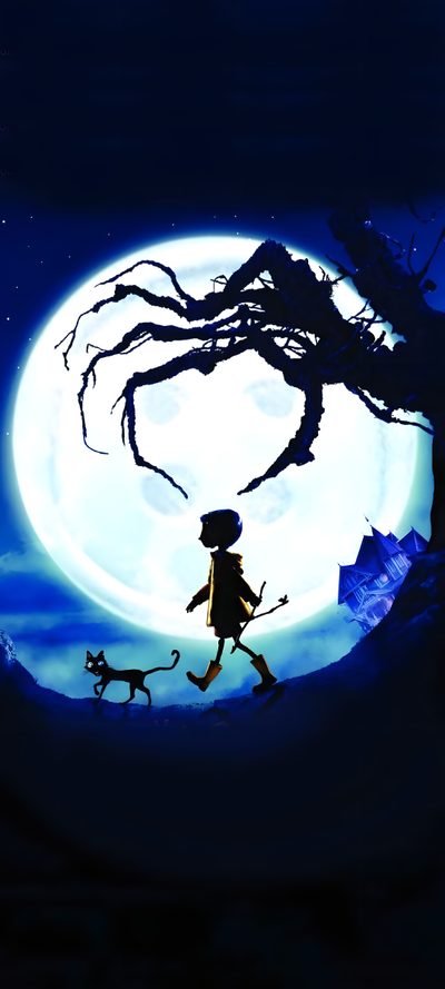 a person walking with a dog in front of a full moon Halloween Iphone Coraline Film Coraline, Art Tim Burton, Coraline Art, Dave Mckean, Coraline Movie, black