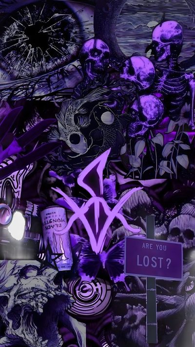 purple and black collage with skulls, flowers, and other things on it's surface Purple Purple Edgy Aesthetic Halloween Astedic, Purple Neon, Background Purple, Purple Guy, midnight blue