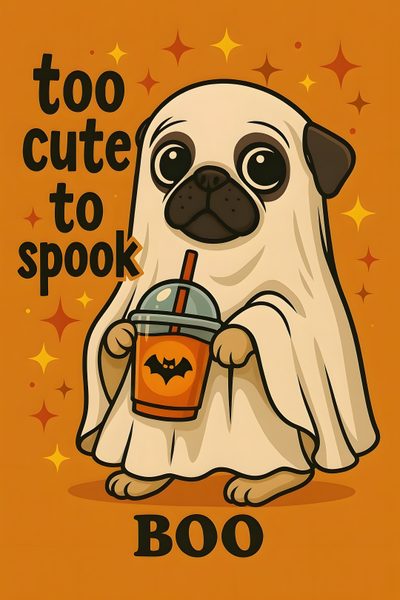 a pug dog holding a cup with boo on it's face and saying too cute to spook Halloween Pug Iphone Halloween Pug Background, Pug Halloween Drawing, Pug Halloween, Halloween Dog, chocolate