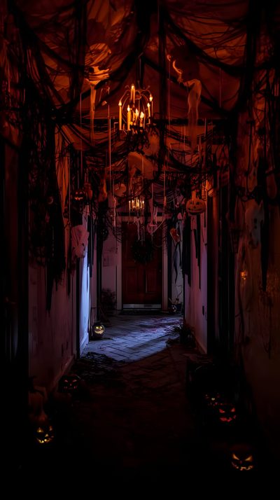an empty hallway with lots of decorations and lights hanging from the ceiling in front of it Halloween Hallway Creepy Halloween Party, Halloween Party Photo, Creepy Houses, black