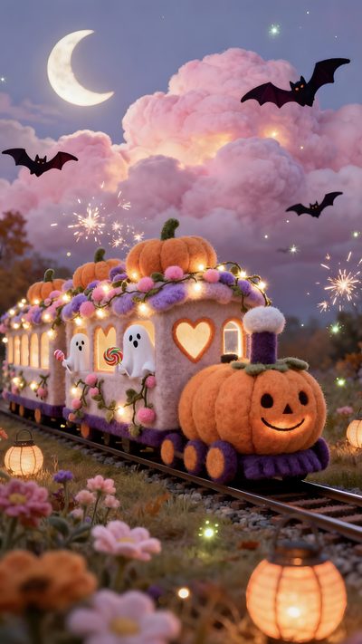 a halloween train with pumpkins and ghostes on the tracks in front of a full moon sky Halloween Train Happy Halloween Pictures, Halloween Iphone Backgrounds, Halloween Eve, Retro Iphone, gray