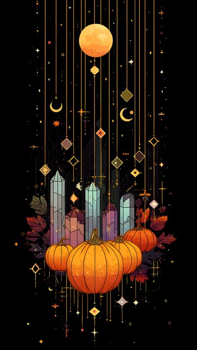 an image of pumpkins hanging from strings in the air with stars and moon above them Geometric Halloween Pattern, black