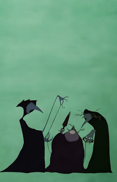 two black crows are standing next to each other on a green background and one is holding a knife Halloween Disney Villains Princess And The Frog Aesthetic Painting, Disney Villan, Disney Villians, cadet blue