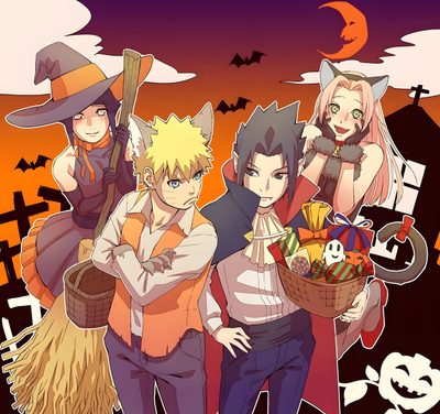 three people dressed in halloween costumes standing next to each other with bats and pumpkins Naruto Halloween Yandere Naruto X Reader, Naruto X Child Reader, Naruto Adopted Fanfiction, sienna