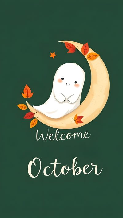 a poster with an animal sitting on the moon and leaves around it that says welcome october Halloween Hello October Happy October, October Cute, Cute October, Hello October Halloween, dark slate gray