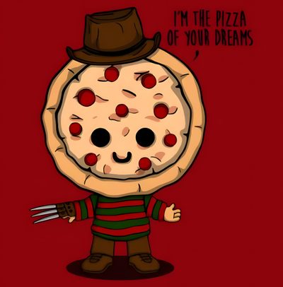a cartoon character wearing a hat and holding a fork in one hand with the words i'm the pizza of your dreams on it Halloween Pizza Cartoon Metal Posters, Cheesy Pizza Drawing, Cheesy Cartoon Pizza, dark red
